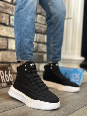 BA0321 Hidden Lace Men's High Sole Black and White Sports Boots