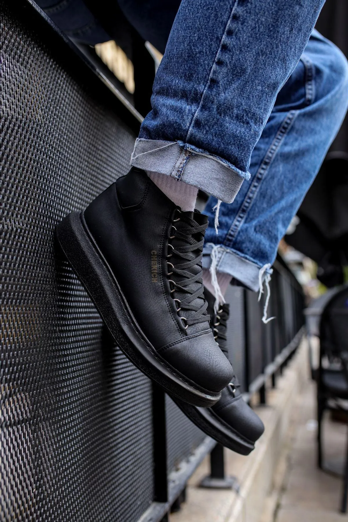 CH258 Men's Black Metal Slug Lace-up High Sole Casual Sneaker Sports Boots