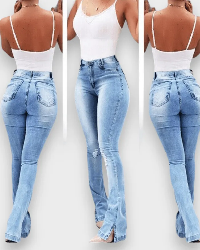 Elastic Slit Flared High Waist Jeans Women's Trousers