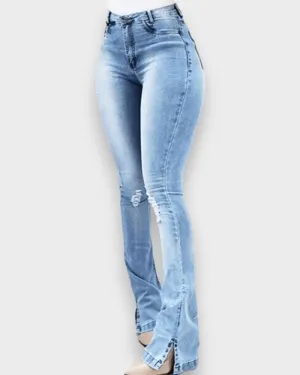 Elastic Slit Flared High Waist Jeans Women's Trousers