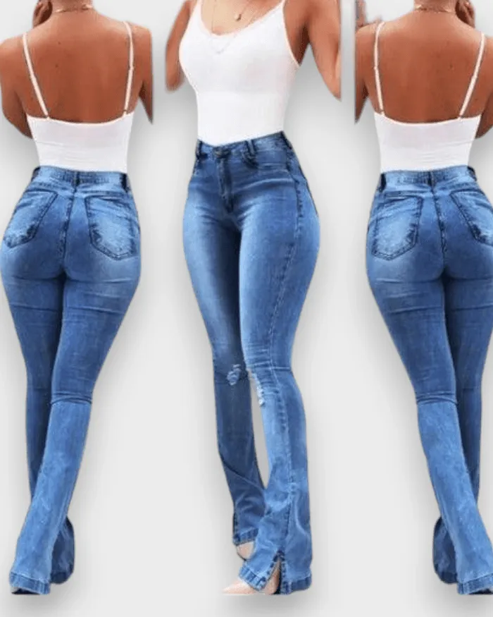Elastic Slit Flared High Waist Jeans Women's Trousers