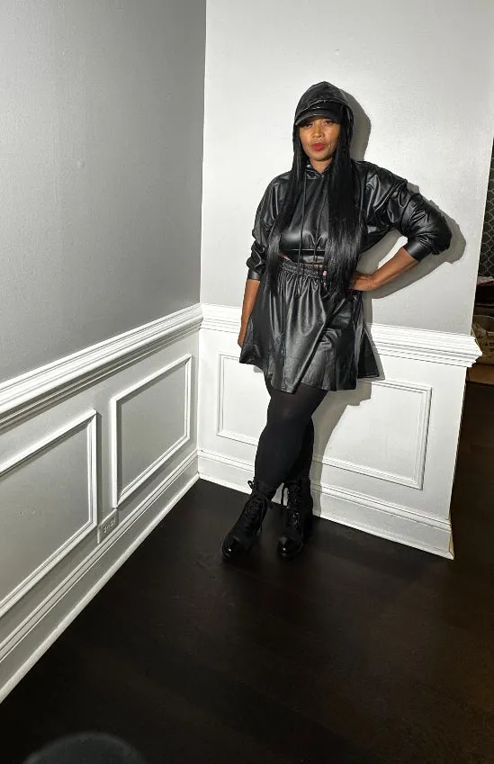 Faux Leather Hooded 2 Piece Skirt Set