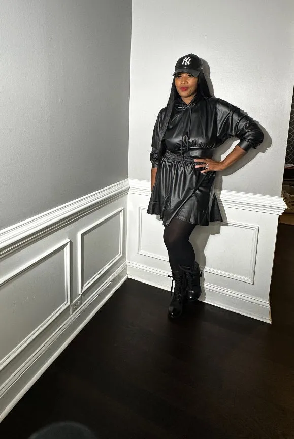 Faux Leather Hooded 2 Piece Skirt Set