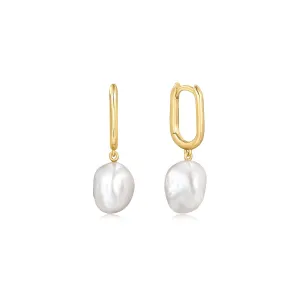 Gold Plated Oval Huggies With Pearl Drop