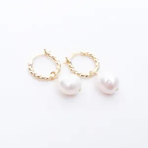 Gold Vermeil Rope Hoops with Dangling Pearl