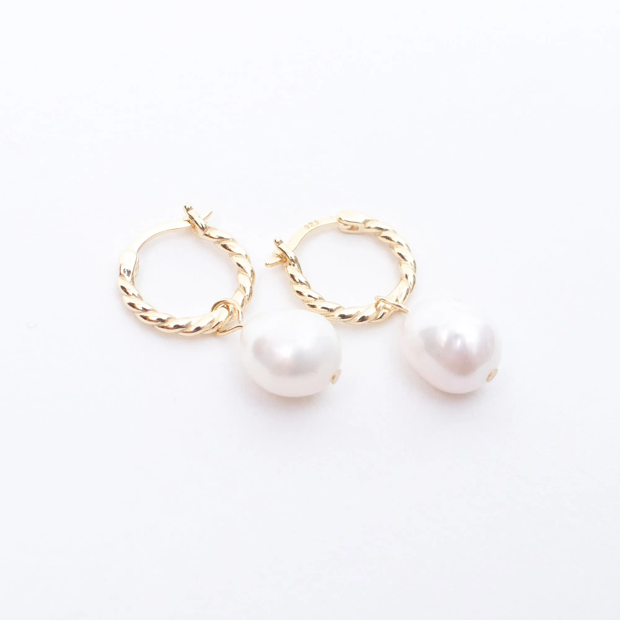 Gold Vermeil Rope Hoops with Dangling Pearl