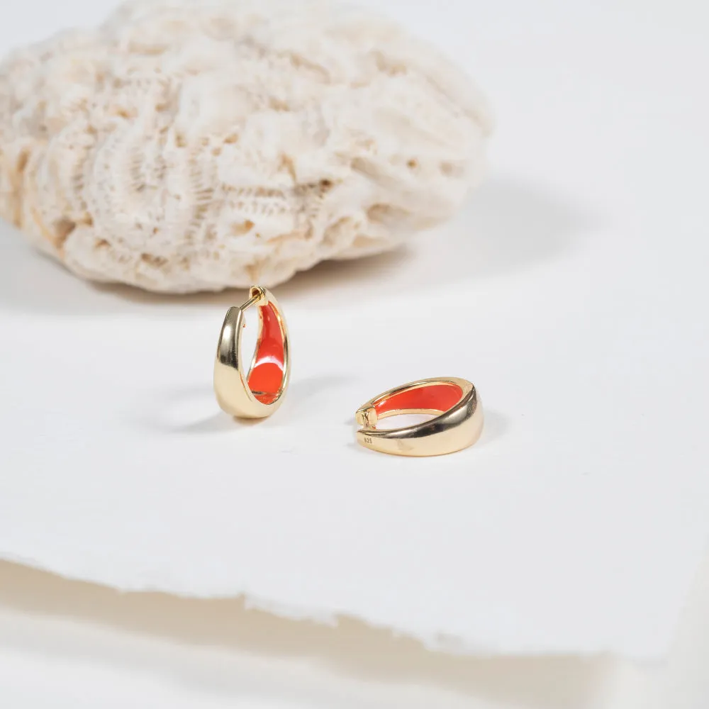 Havana Tomato Red Enamel and Gold Huggie Hoop Earrings
