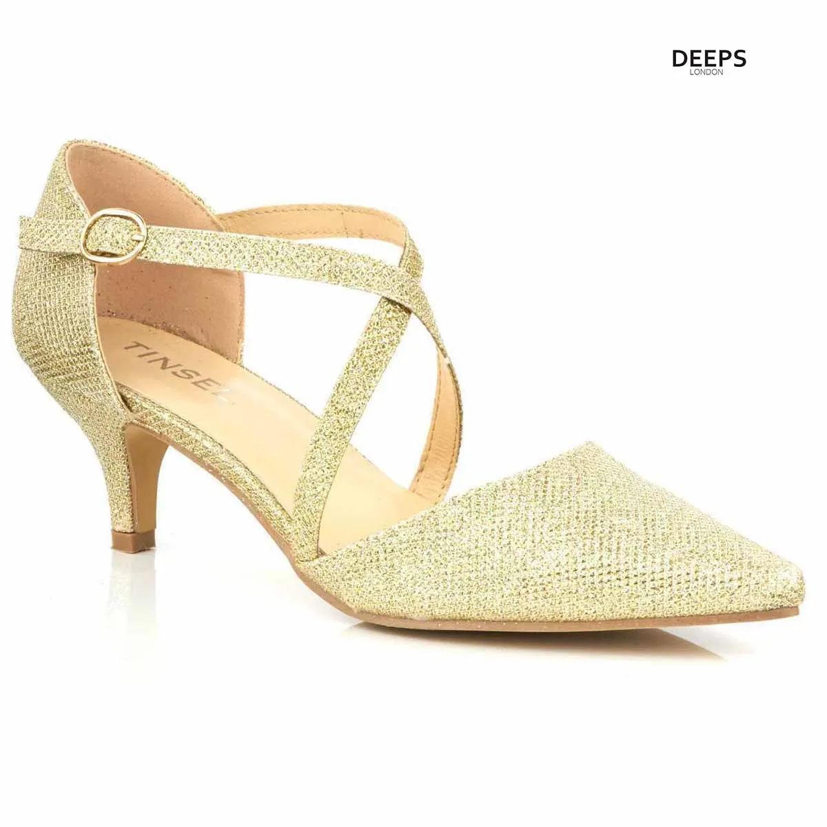 ILLUMINATE WOMENS LOW MID KITTEN HEEL SPARKLY DIAMANTE ANKLE STRAPS COURT SHOES SANDALS
