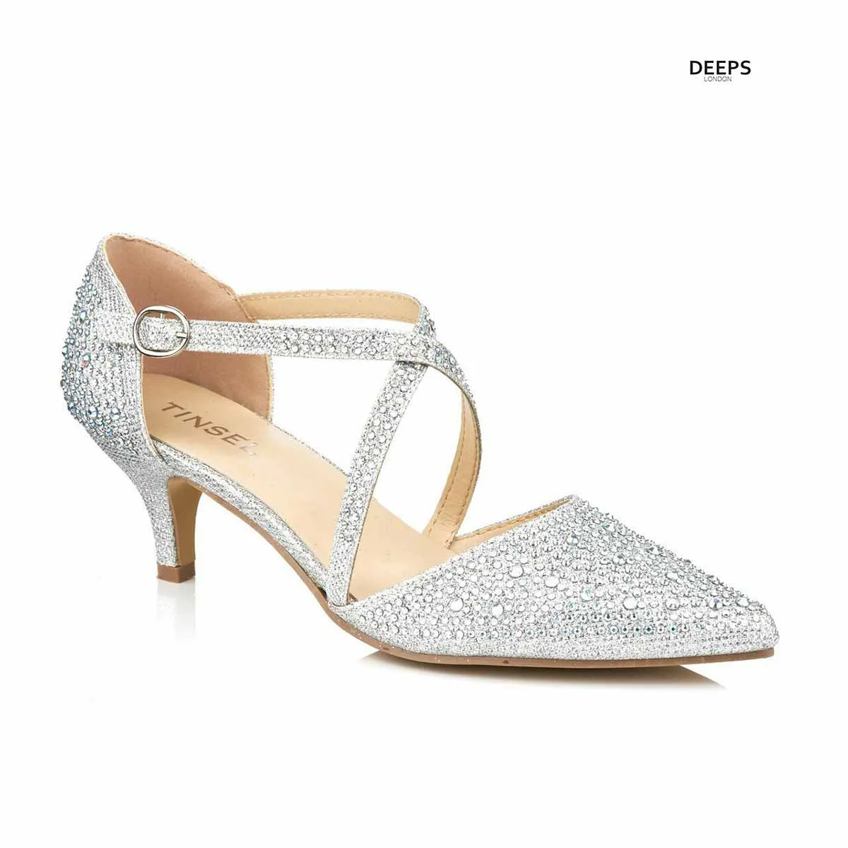 ILLUMINATE WOMENS LOW MID KITTEN HEEL SPARKLY DIAMANTE ANKLE STRAPS COURT SHOES SANDALS