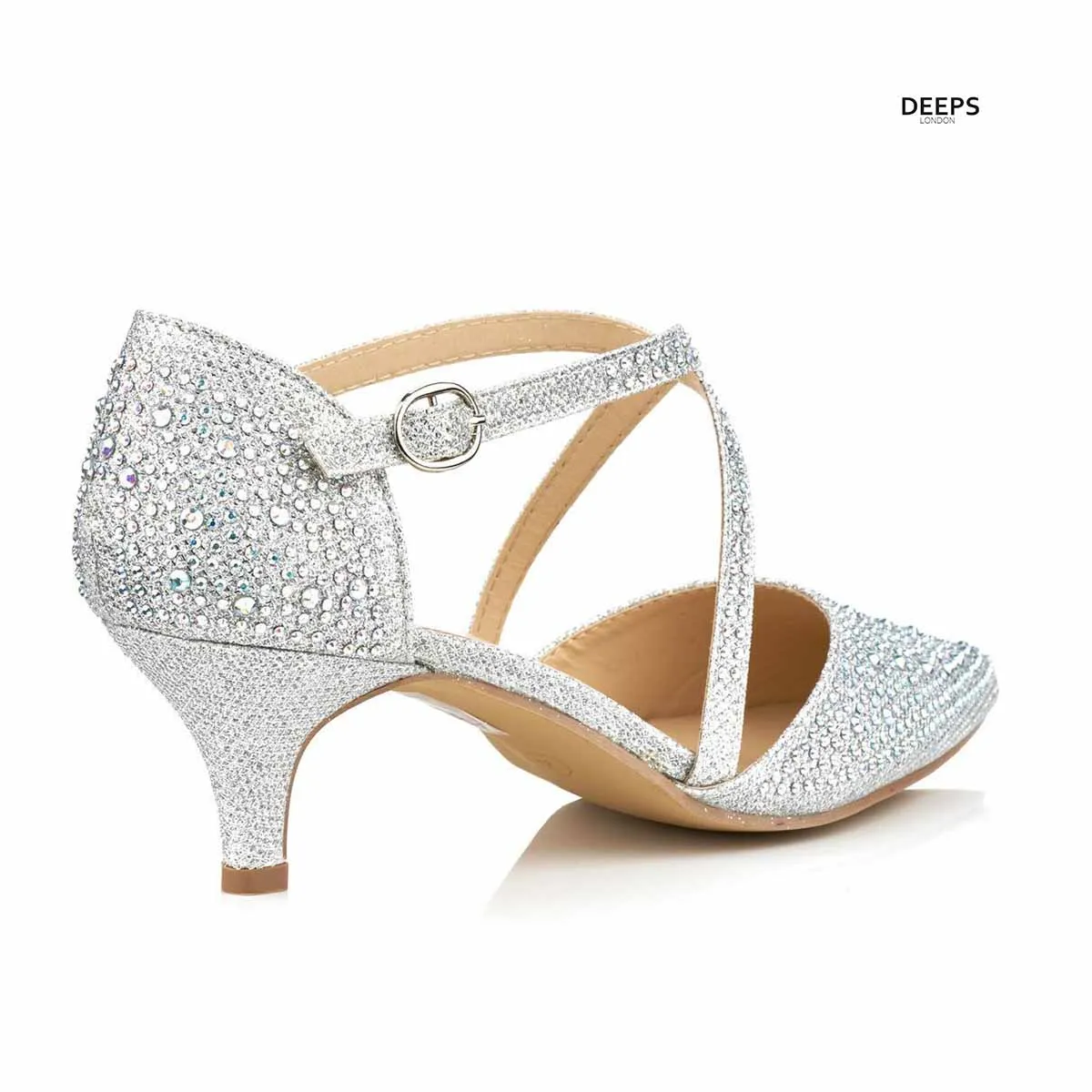 ILLUMINATE WOMENS LOW MID KITTEN HEEL SPARKLY DIAMANTE ANKLE STRAPS COURT SHOES SANDALS