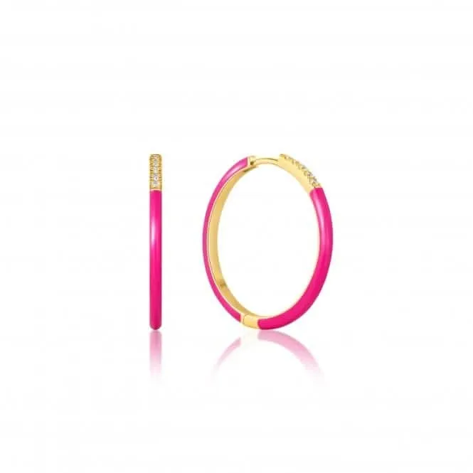 Neon Pink Enamel Gold Sparkle Hoop Earrings E040-04G-NP