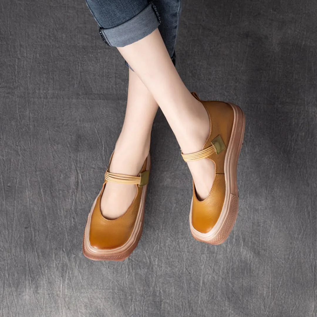 Retro Square Toe Solid Leather Shoes