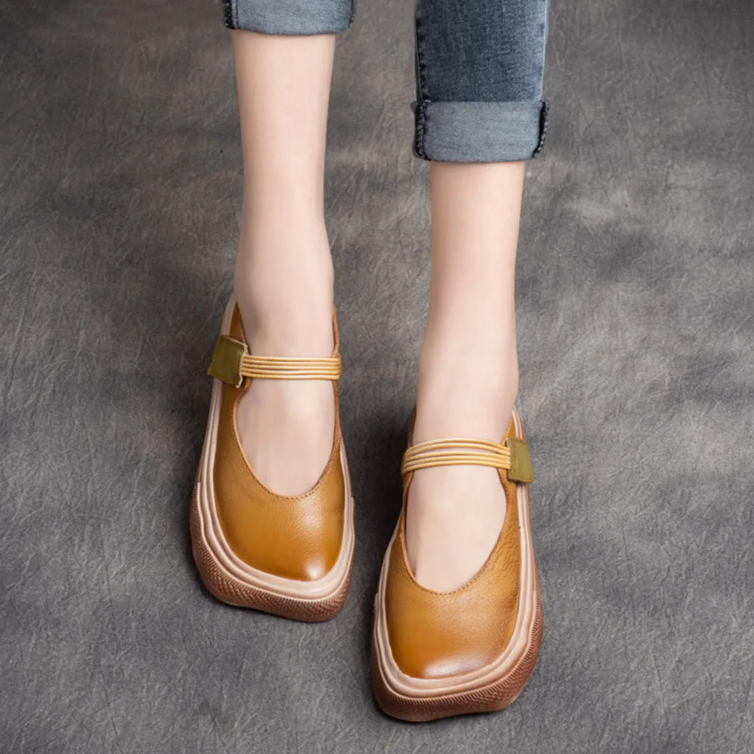 Retro Square Toe Solid Leather Shoes