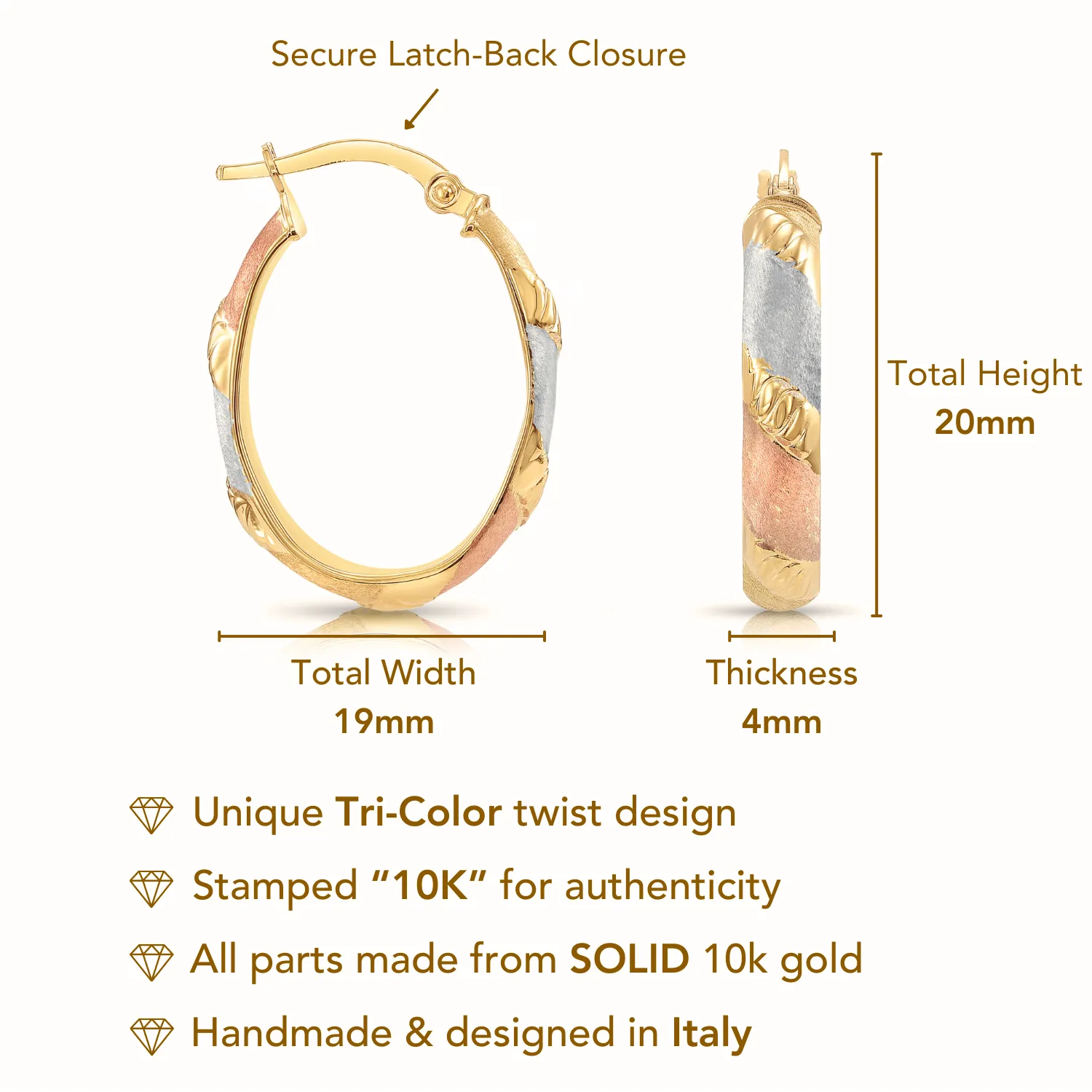 Solid 10K Yellow Gold Tri-Color Oval Hoop Earrings, Italian Style Design, Satin Finish