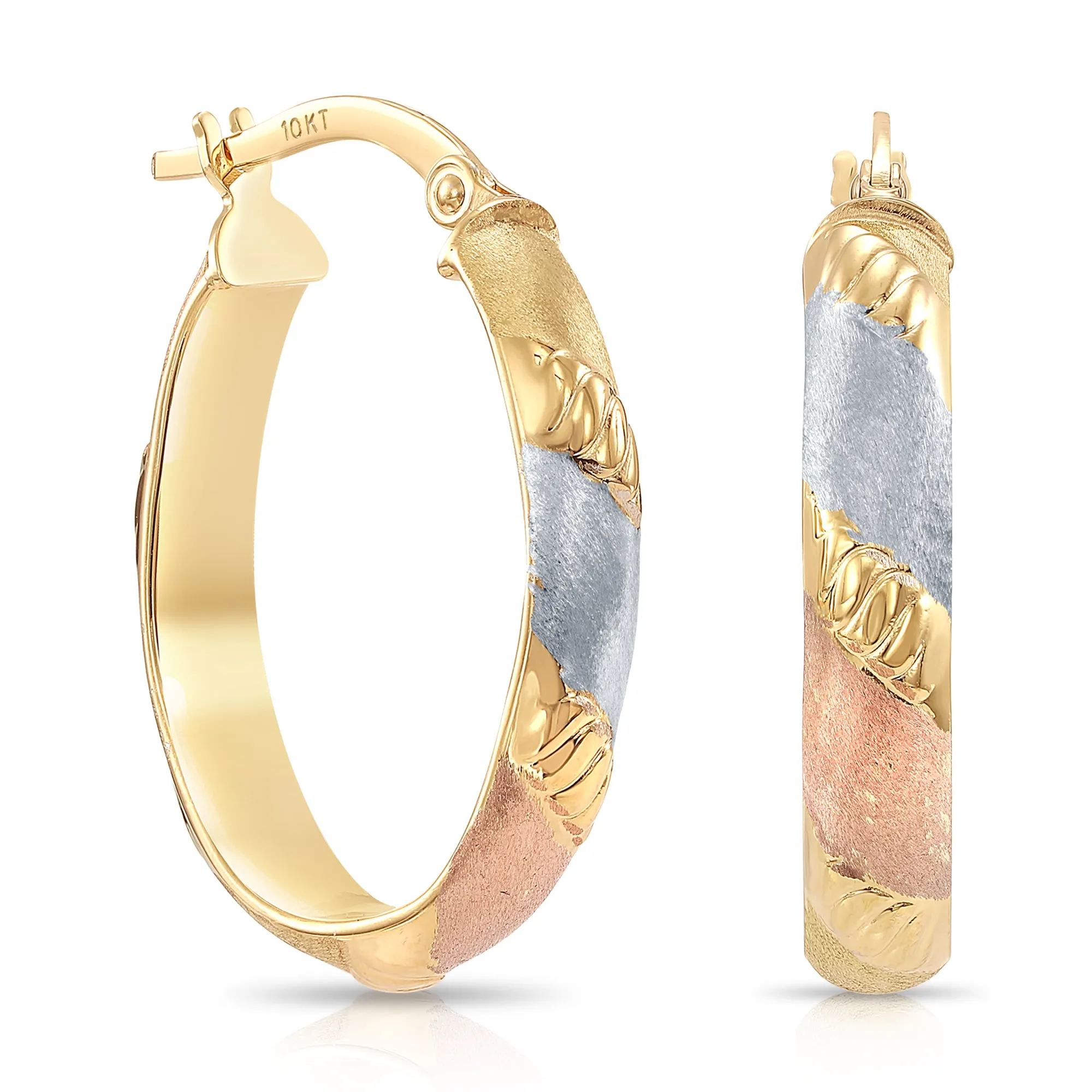 Solid 10K Yellow Gold Tri-Color Oval Hoop Earrings, Italian Style Design, Satin Finish