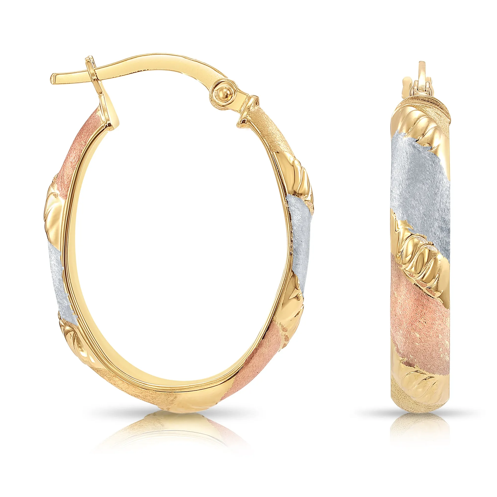 Solid 10K Yellow Gold Tri-Color Oval Hoop Earrings, Italian Style Design, Satin Finish
