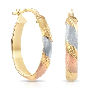 Solid 10K Yellow Gold Tri-Color Oval Hoop Earrings, Italian Style Design, Satin Finish