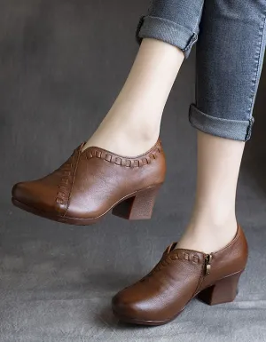 Spring Retro Leather Chunky Heel Shoes