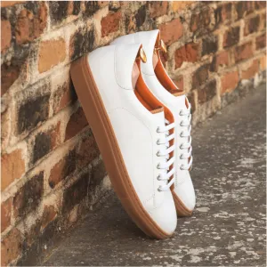 Tennis Style Sneakers - White Leather with Gum Sole
