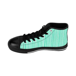 Turquoise Striped Men's Tennis Shoes,High-top Sneakers, Blue Stripes Running Shoes For Men
