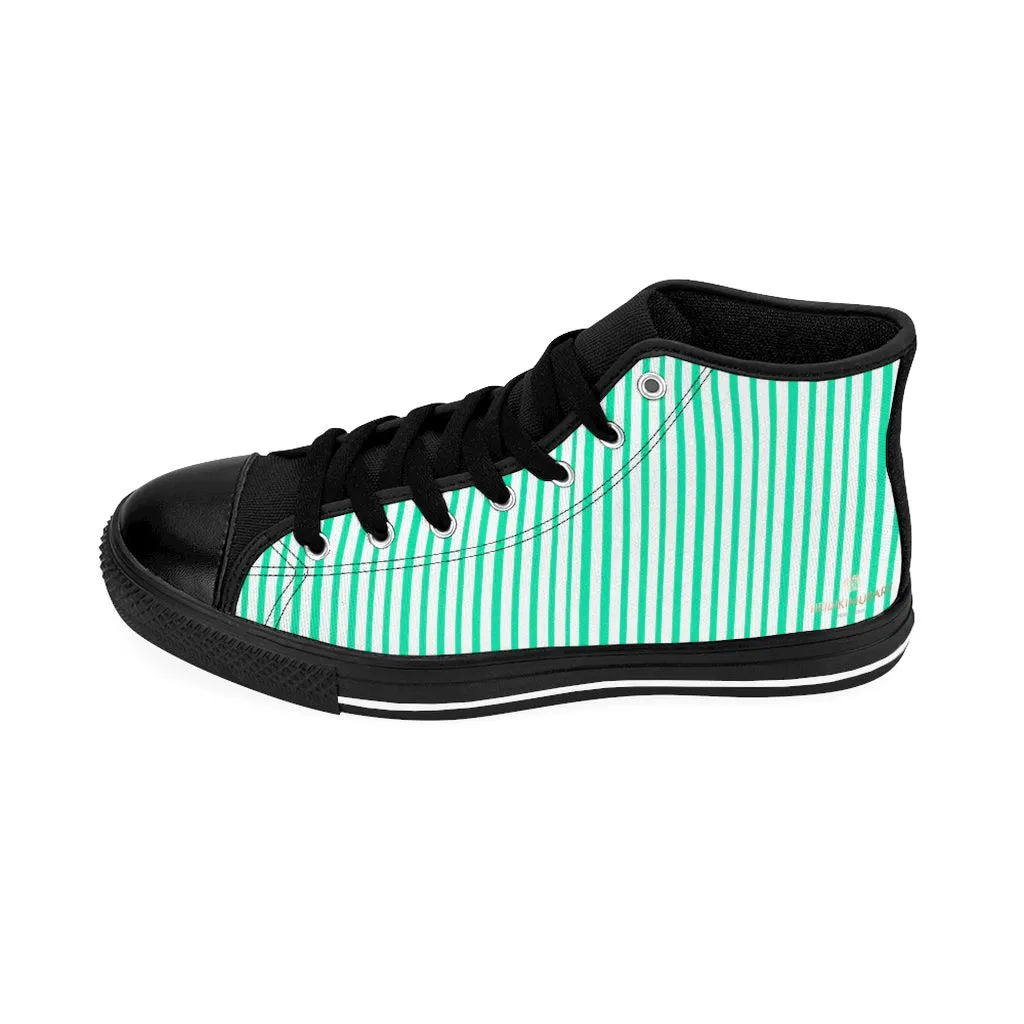 Turquoise Striped Men's Tennis Shoes,High-top Sneakers, Blue Stripes Running Shoes For Men