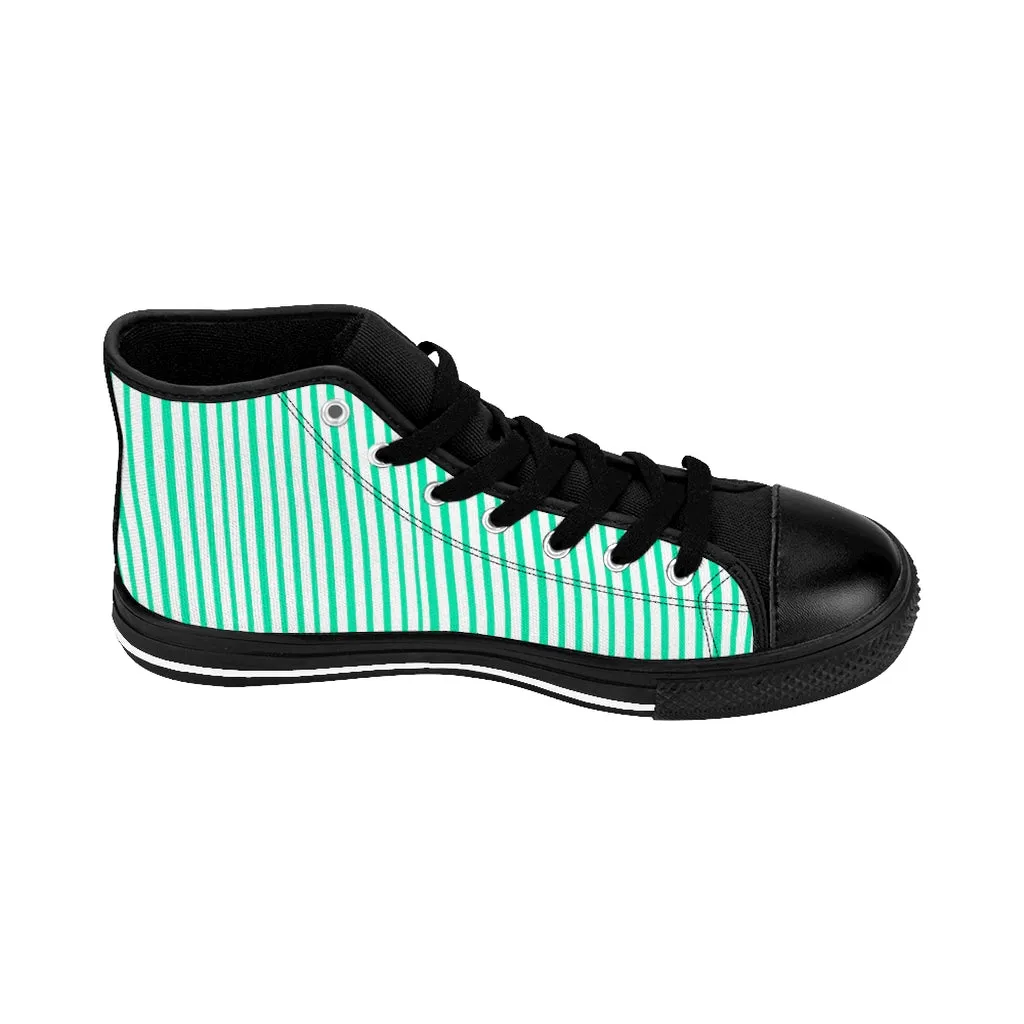 Turquoise Striped Men's Tennis Shoes,High-top Sneakers, Blue Stripes Running Shoes For Men