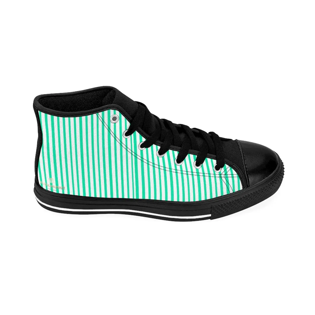 Turquoise Striped Men's Tennis Shoes,High-top Sneakers, Blue Stripes Running Shoes For Men