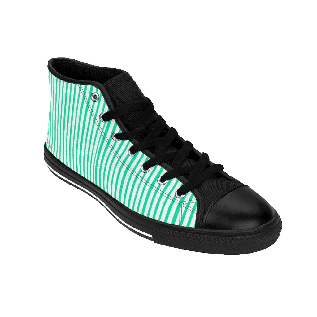 Turquoise Striped Men's Tennis Shoes,High-top Sneakers, Blue Stripes Running Shoes For Men