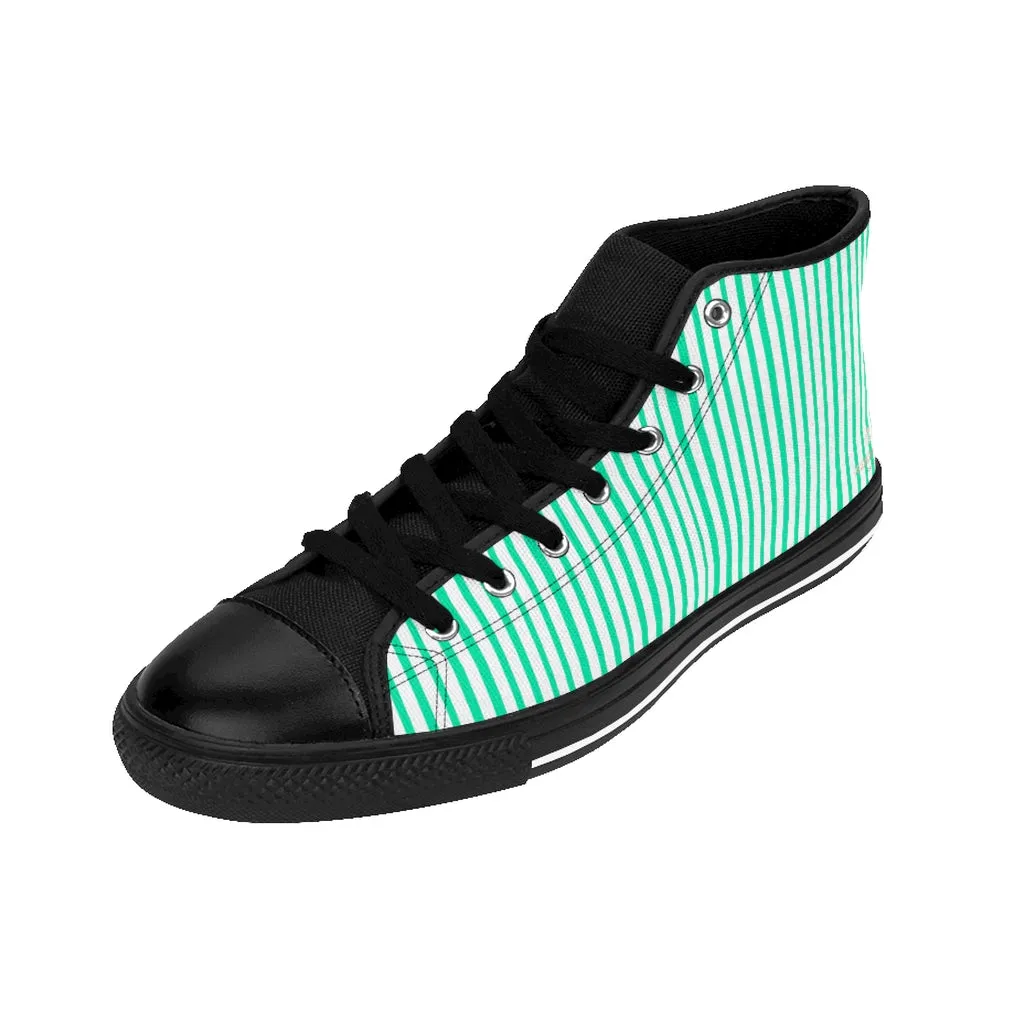 Turquoise Striped Men's Tennis Shoes,High-top Sneakers, Blue Stripes Running Shoes For Men