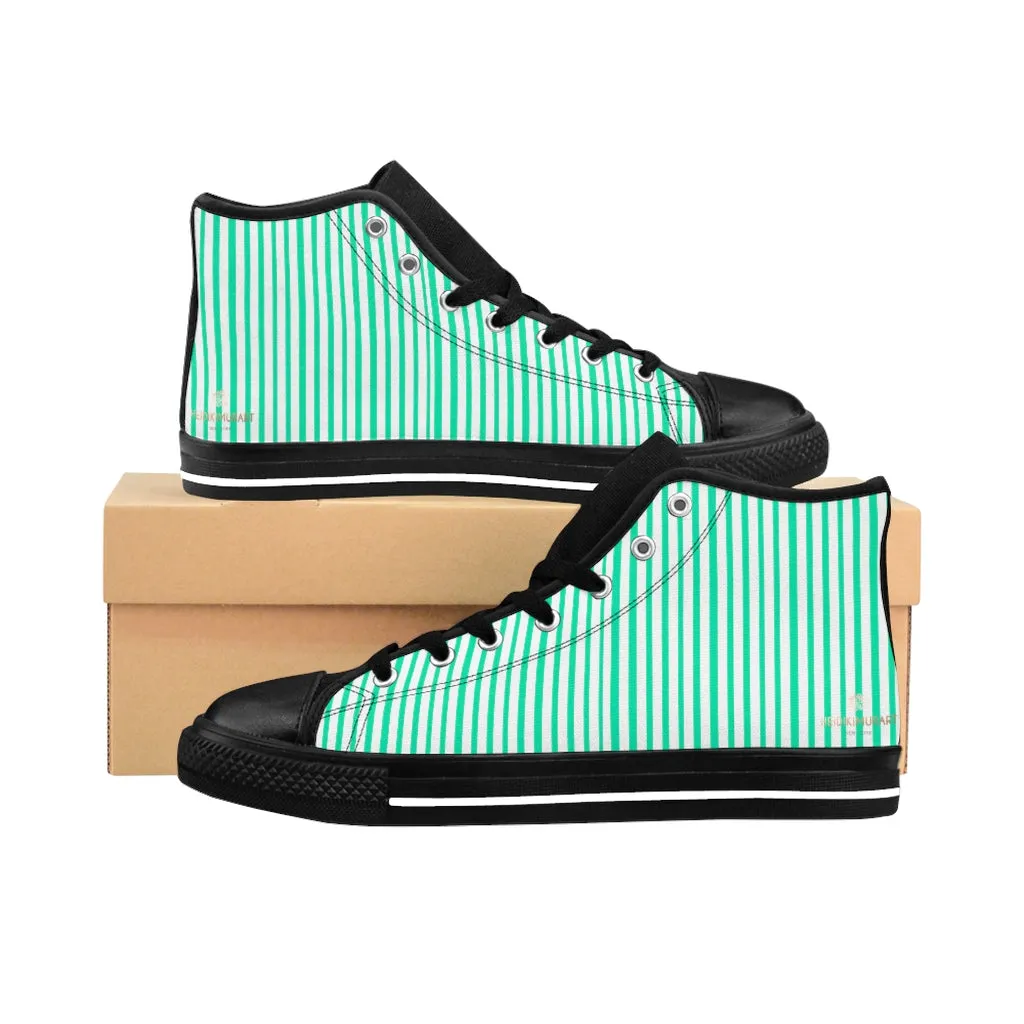 Turquoise Striped Men's Tennis Shoes,High-top Sneakers, Blue Stripes Running Shoes For Men