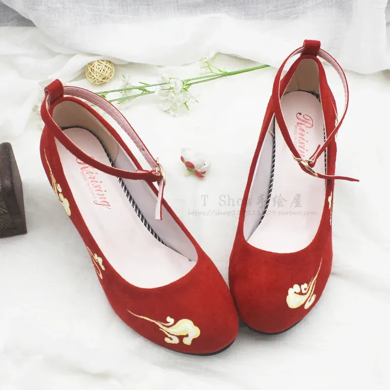 Uniwim Retro style hanfu skirt with a single buckle with high-heeled suede red shoes for women  kawaii shoes cosplay loli women shoes