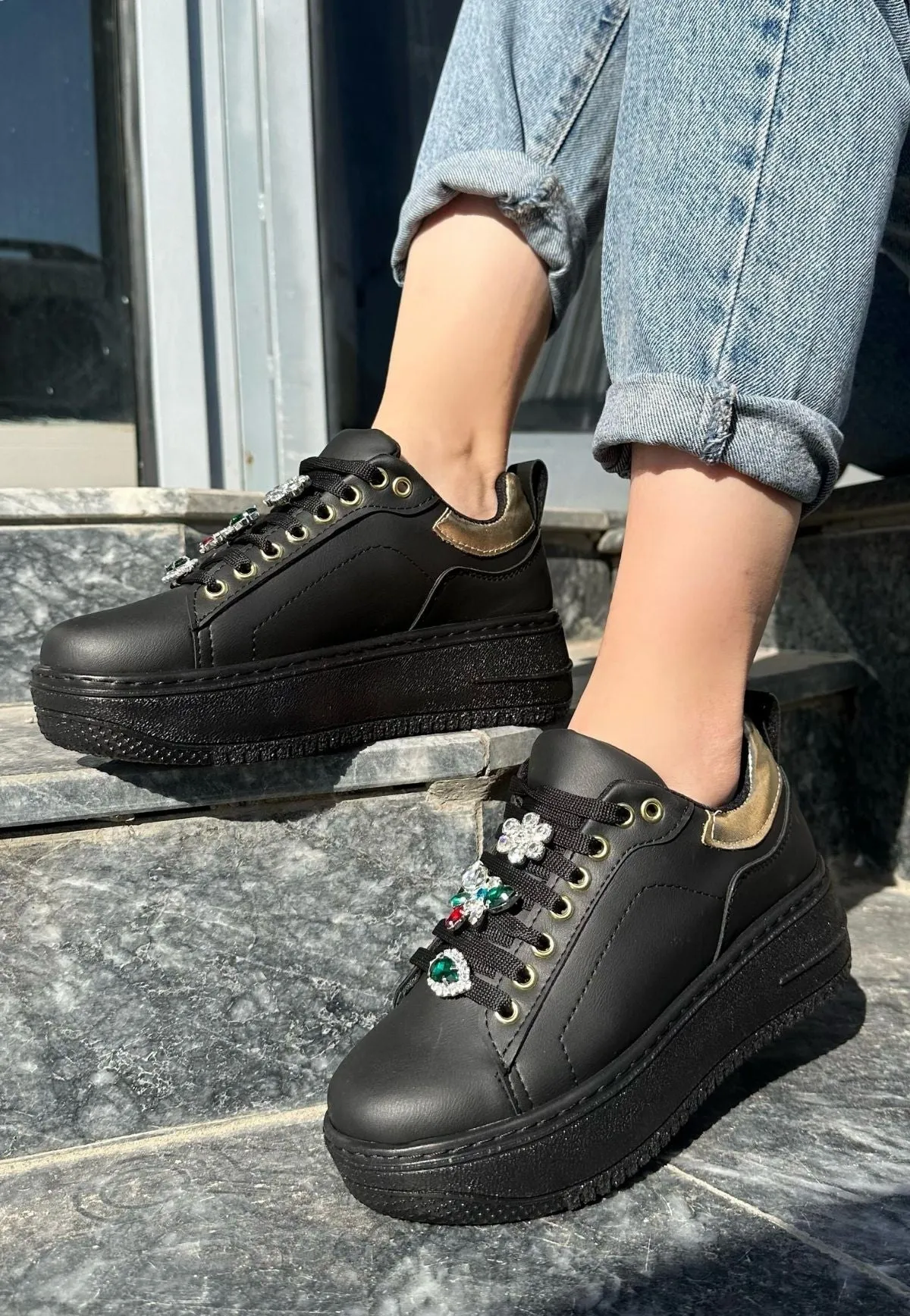 Women's Tenyo Black Skin Stone Laced Sports Shoes