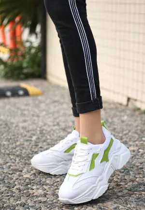 Women's White Leather Green Detailed Lace-Up Sports Shoes
